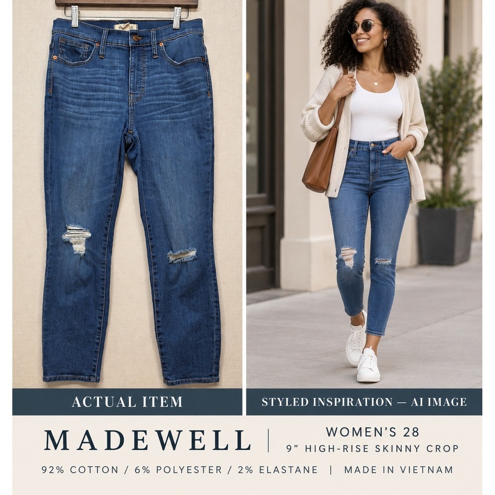 Madewell 9" High-Rise Skinny Crop Jeans Distressed Blue‎ Denim Women's Sz 28